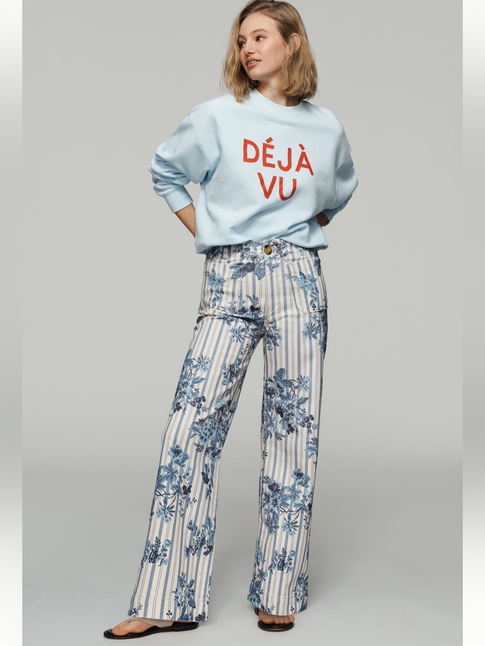 The Colette by Maeve High Rise Blue Floral Stripe Wide-Leg Jeans